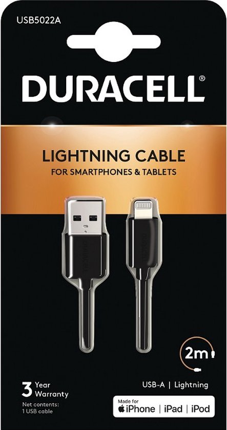 Duracell - USB 2.0 A Male naar Apple Lightning - 2 m