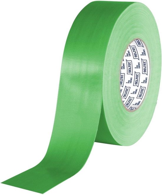 Groene Deltec Pro gaffer tape rol, 50mm breed. Textuur van het tape is zichtbaar.