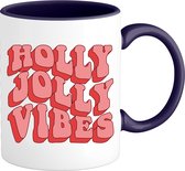 Holly Jolly Vibes - Foute Kersttrui Kerstcadeau - Dames / Heren / Unisex Kleding - Grappige Kerst Outfit - Mok - Navy Blauw
