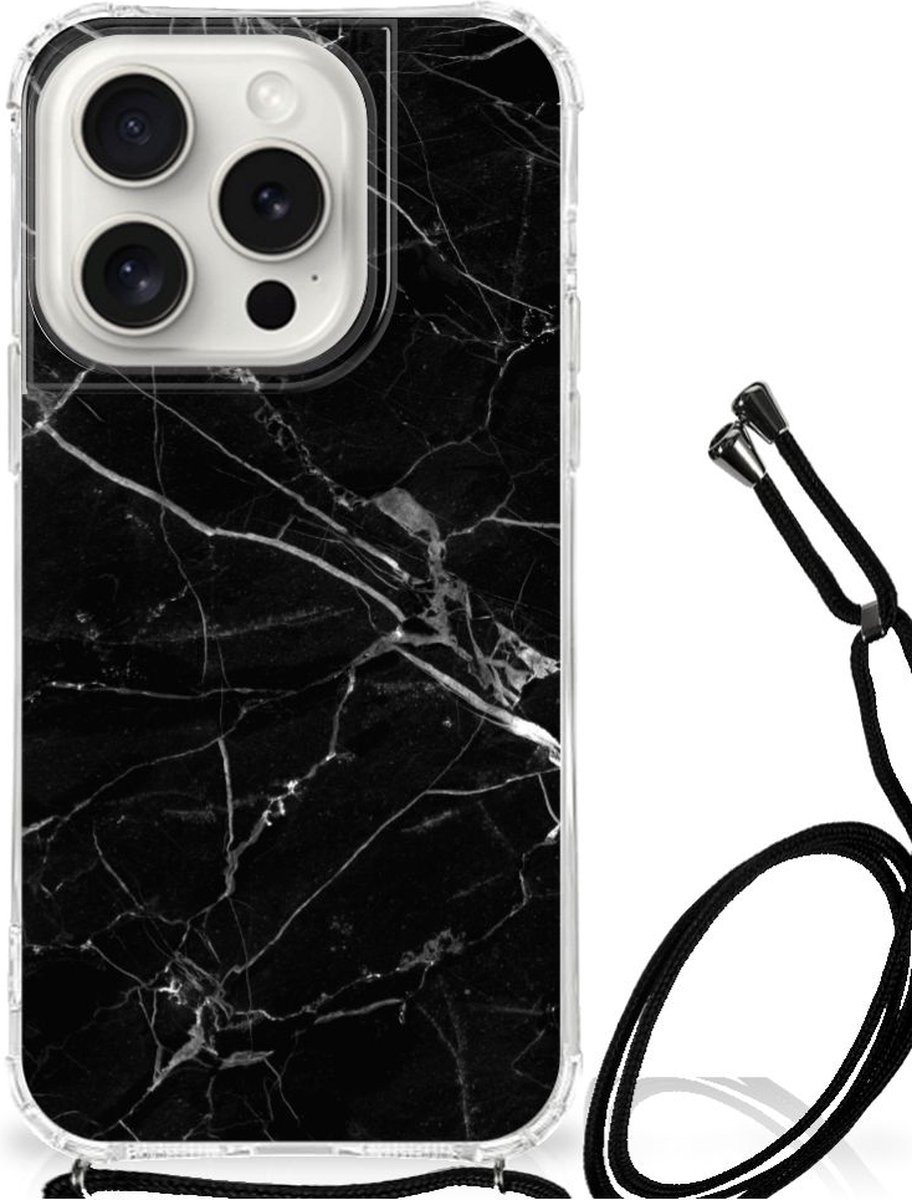 iPhone 15 Pro Anti-Shock Hoesje Marmer Zwart - Origineel Cadeau Vader
