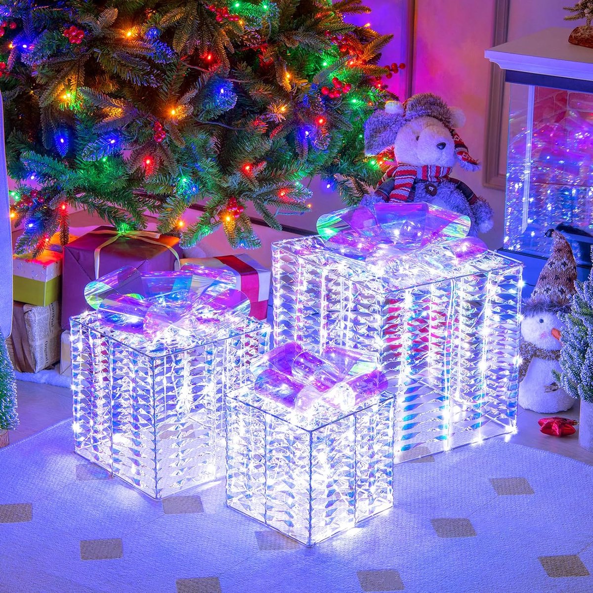 CCLIFE Boîtes à cadeaux lumineuses de Noël, lot de 3 boîtes à cadeaux à LED  pour