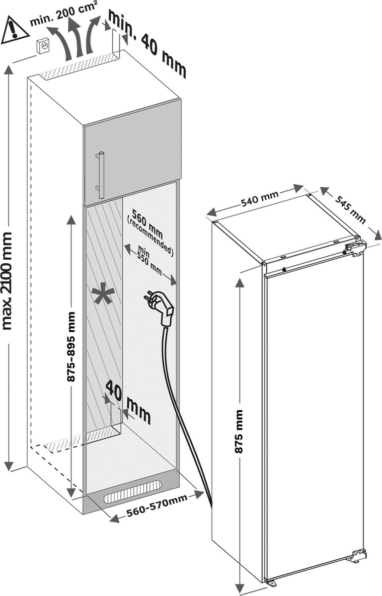 Inventum IKK0882D 88 cm stille energiezuinige inbouw koeler - Koelkast - Superkoelen - Deuralarm - Vakantiestand - 126 liter - Vershoudlade - Deur op deur - Wit — afbeelding 6