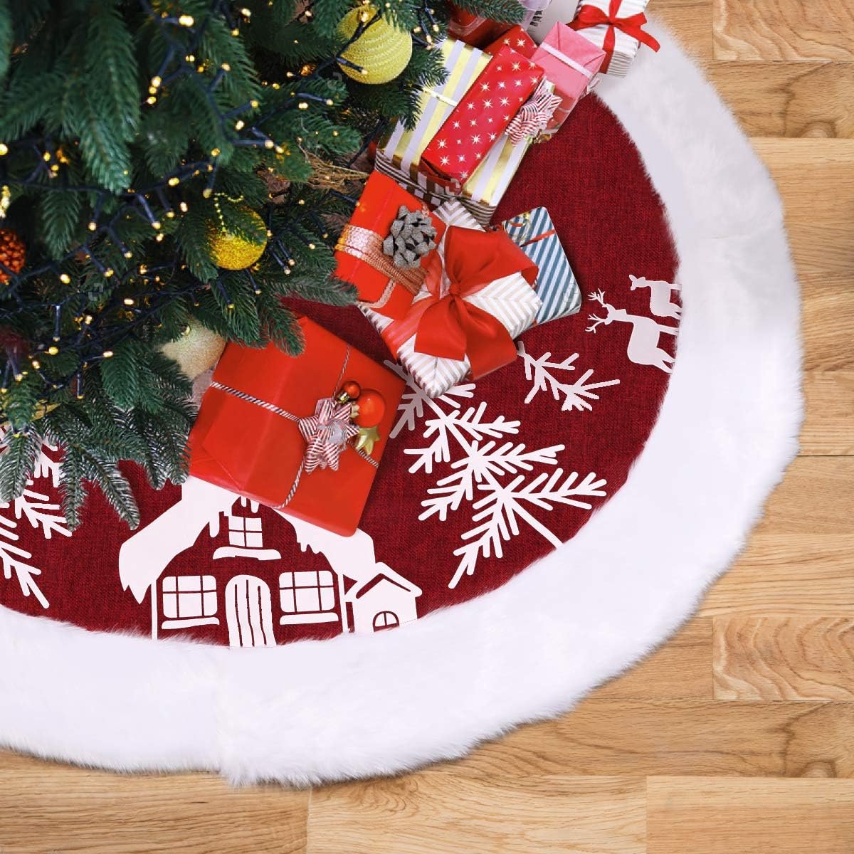 Kalolary 48 Inch Kerstboomrok, Grote Rode Pluche Kerstboommat met Kerstman Sneeuwpop Elanden Sneeuwvlokken Rustieke Patronen Vakantiebontdecoraties voor Kerstvakantie Feestboomdecoratie