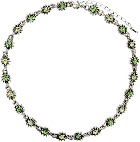 Behave Zilverkleurige bloemetjes ketting met groene steentjes