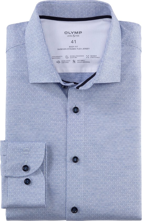 OLYMP 24/7 Level 5 body fit overhemd - tricot - koningsblauw dessin - Strijkvriendelijk - Boordmaat: 40