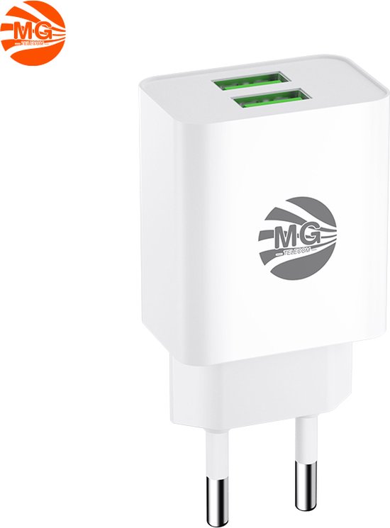 MG - Adaptateur USB avec câble - 2,4 A - Chargeur rapide avec câble - 2x Port USB avec câble de 1 m - USB vers Type-C - Wit