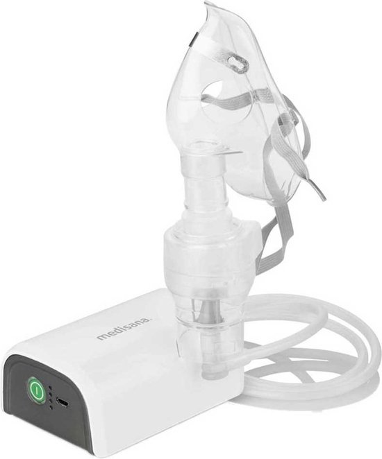 Een witte Medisana inhalator met een transparant vernevelaar masker en slang.