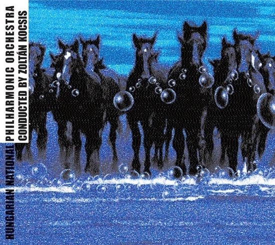 Paarden in blauwe tinten door bellen rennend, met tekst: Hungarian National Philharmonic Orchestra o.l.v. Zoltán Kocsis.