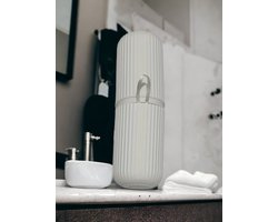 foto van AliRose - Tandenborstel Houder - Reis Beker - Wit - Badkamer - Toothpaste - Tandpasta - Beige