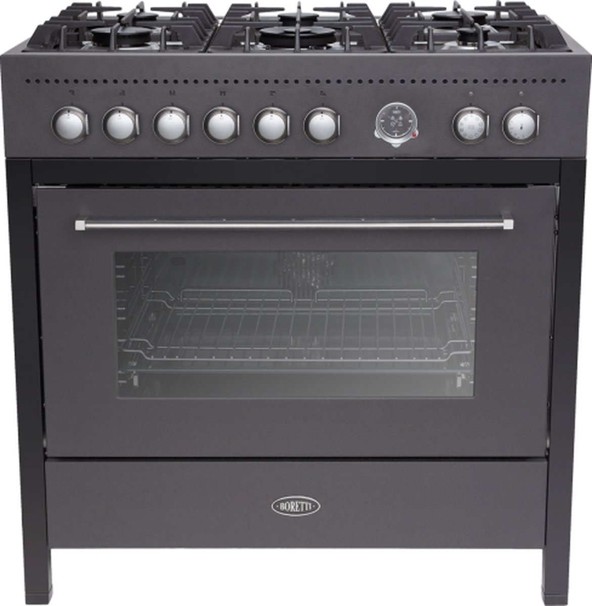 BORETTI CRG916MAT Gasfornuis 90cm 6 branders Enkele oven 89L Mat Antraciet