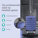 Blauwe Voyageux reiskoffer ondergaat professionele kwaliteitstests zoals schok-, loop- en valtests.