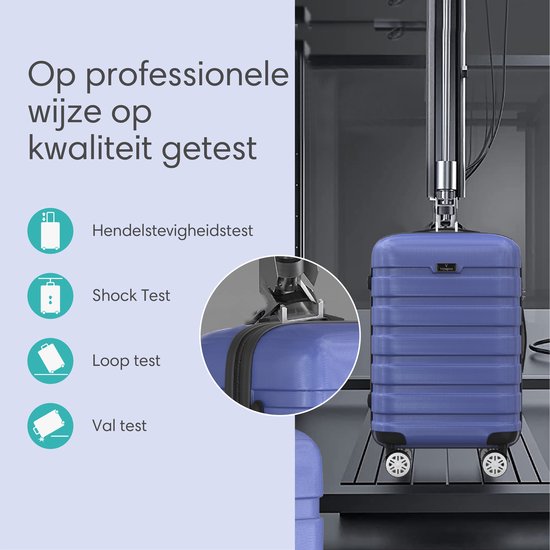 Blauwe Voyageux reiskoffer ondergaat professionele kwaliteitstests zoals schok-, loop- en valtests.