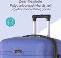 Close-up van de blauwe Voyageux reiskoffer met de tekst 'Zeer Flexibele Polycarbonaat Hardshell'.