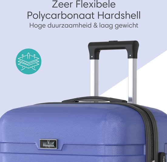 Close-up van de blauwe Voyageux reiskoffer met de tekst 'Zeer Flexibele Polycarbonaat Hardshell'.
