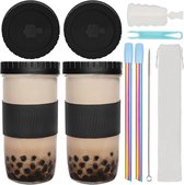 730 ml Bubble Tea Cup, Glass Cups with Straw, Set of 2, Leak-proof Drinking Glasses with Straw and Lid, Mason Jar Drinking Glass, Iced Coffee Mug for Smoothie Juice BoBa Tea