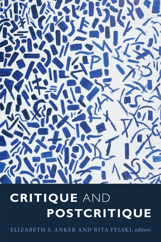 Boekomslag met een blauw abstract patroon van strepen en vormen op een witte achtergrond. De titel 'CRITIQUE AND POSTCRITIQUE' staat onderaan.