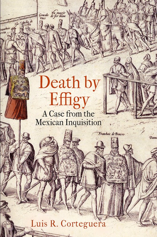 Boekomslag van 'Death by Effigy' met een gravure van een menigte, paarden en soldaten, met de titel in rode letters.