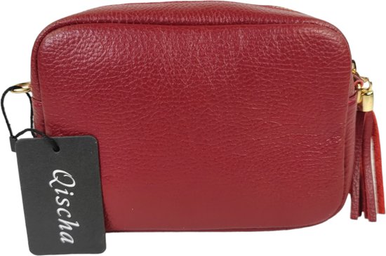 Qischa® - cuir - Sac à main crossbody - poche zippée - bandoulière réglable - rouge vin