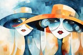JJ-Art (Canvas) 120x80 | 2 Vrouwen met hoed en bril in abstract modern surrealisme, kunst | mens, vrouw, oranje, rood, blauw, wit | Foto-Schilderij canvas print (wanddecoratie)