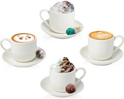 4oz. Espressokopjes Set van 4 met bijpassende schotels - Premium wit porselein, Demitasse set met 8 stuks geschenkdozen - Italiaanse Caffè mokken, Turkse koffiekopjes - Lungo shots, Dopio Double Shot