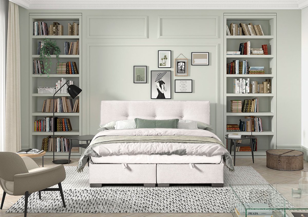 Storage Boxspring 90x200 Pearl Beige Stof -Made in Belgium- met Opbergruimte