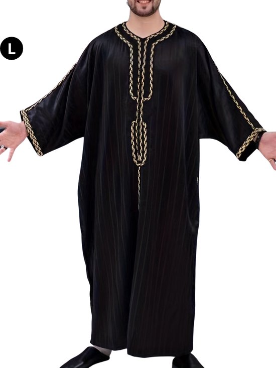 Livano Moslim Kleding - Djellaba Heren - Islamitische Kleding - Alhamdulillah - Arabisch Mannen Kaftan - Zwart - Maat L