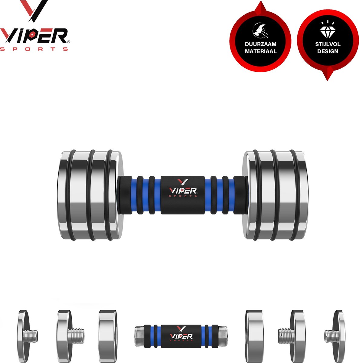 Viper Sports Verstelbare gewicht 22 kg – Dumbbells – Anti-slip – Mirror finish - RVS/Foam – Steel Blue - 1 Stuks