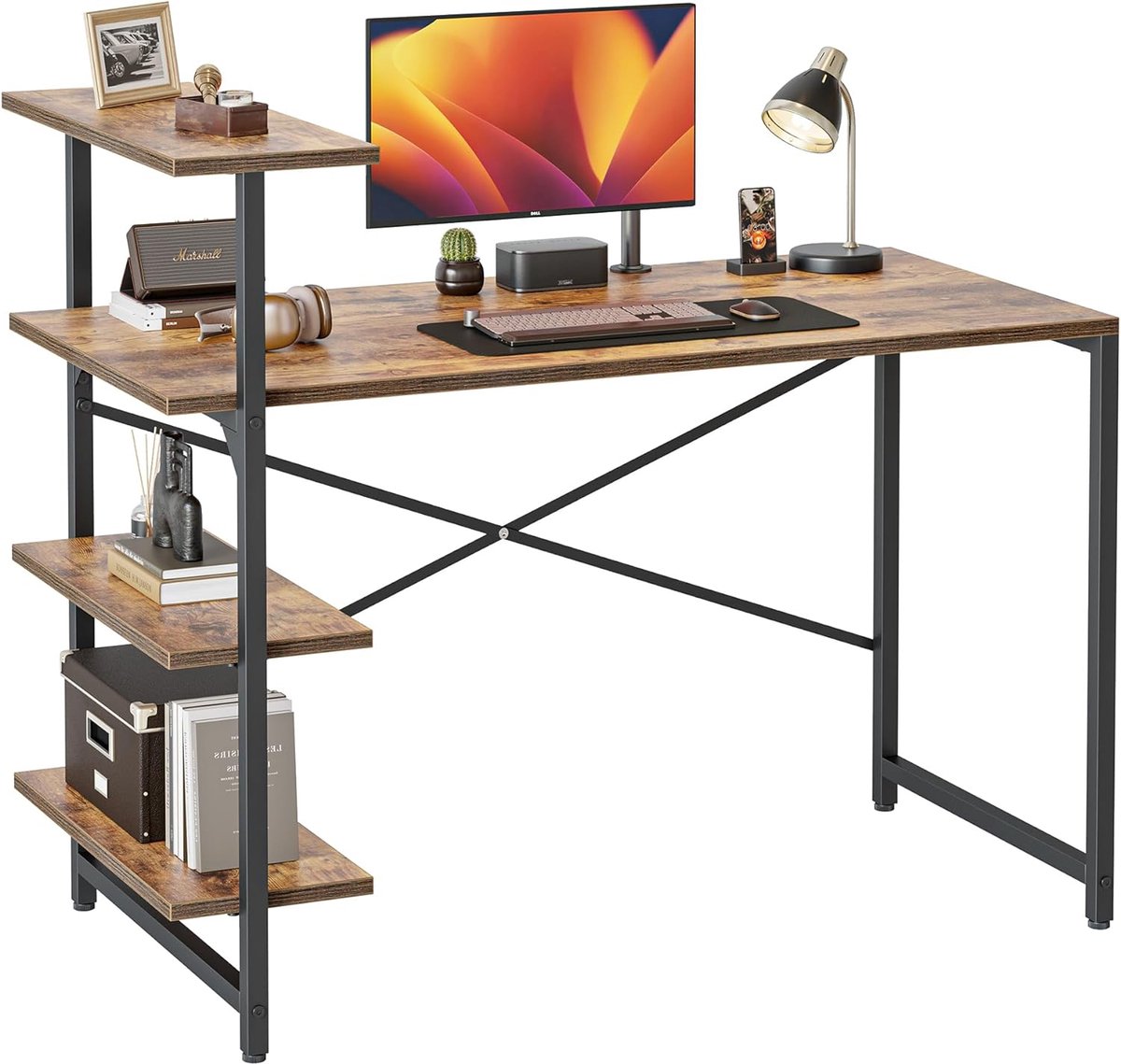 Klein computerbureau met planken, 120x60x98 cm, bureau voor thuis, kantoortafel, kantoortafel voor studieschrijven, 4-laags plank, bruin