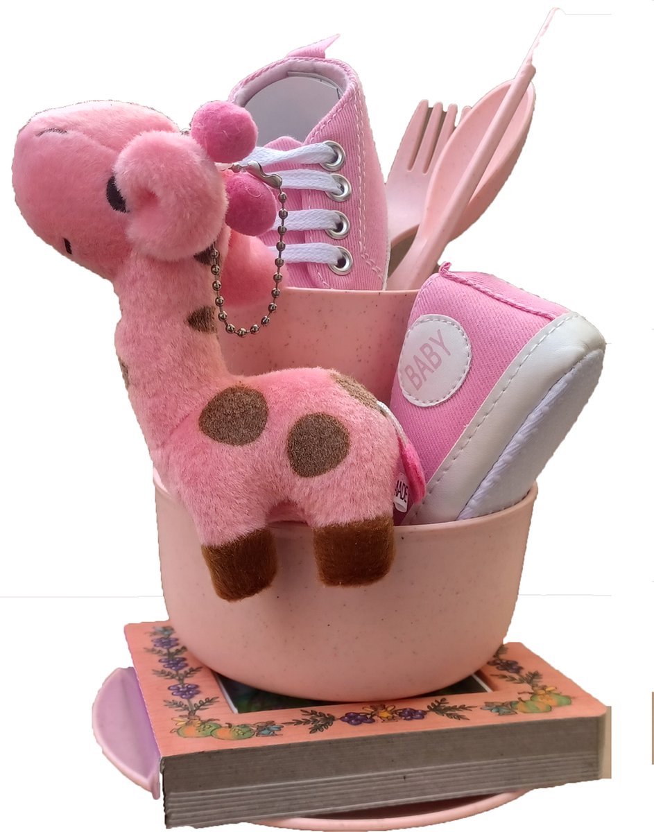 Kraam cadeau meisje dochter roze. Bestek, sneakers, boekje en knuffeltje.