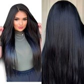 Frazimashop- zwart Pruik Hittebestendige - Pruiken Dames Lang steil Haar - #Front Lace Wig 13x4# Hoge kwaliteit synthetische pruik 65 cm