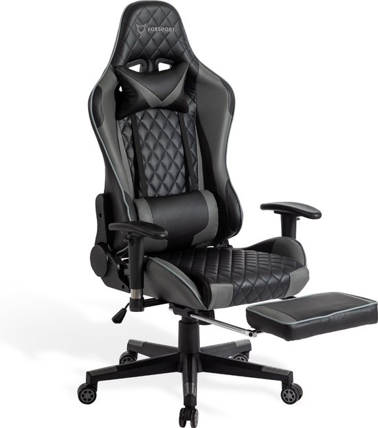 Chaise de jeu réglable FOXSPORT - Chaise de bureau PC avec repose-pieds - hauteur et inclinaison réglables - avec appui-tête et support lombaire - chaise de jeu pour bureau - Avec tapis de protection du sol - Zwart