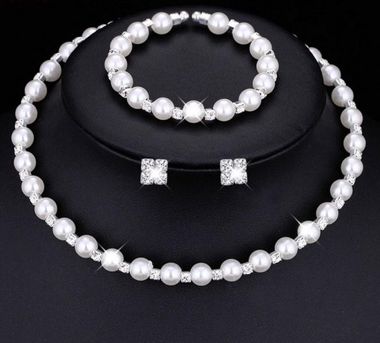 Set de Bijoux réglable pour dames |ensemble Vintage | collier avec pendentif | Boucles d'oreilles | Bracelet | style collier de perles | Perle de Glas| Cadeau de fête des mères | Blanc