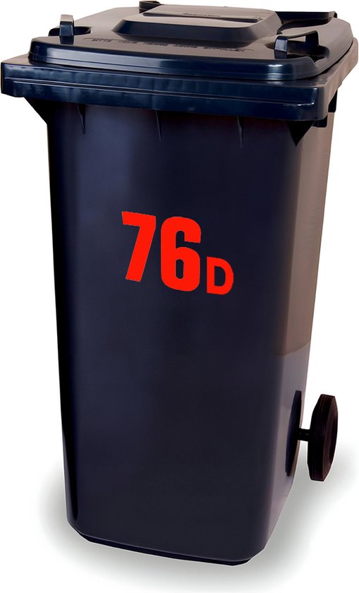 Donkere vuilnisbak met rode sticker '76d'.