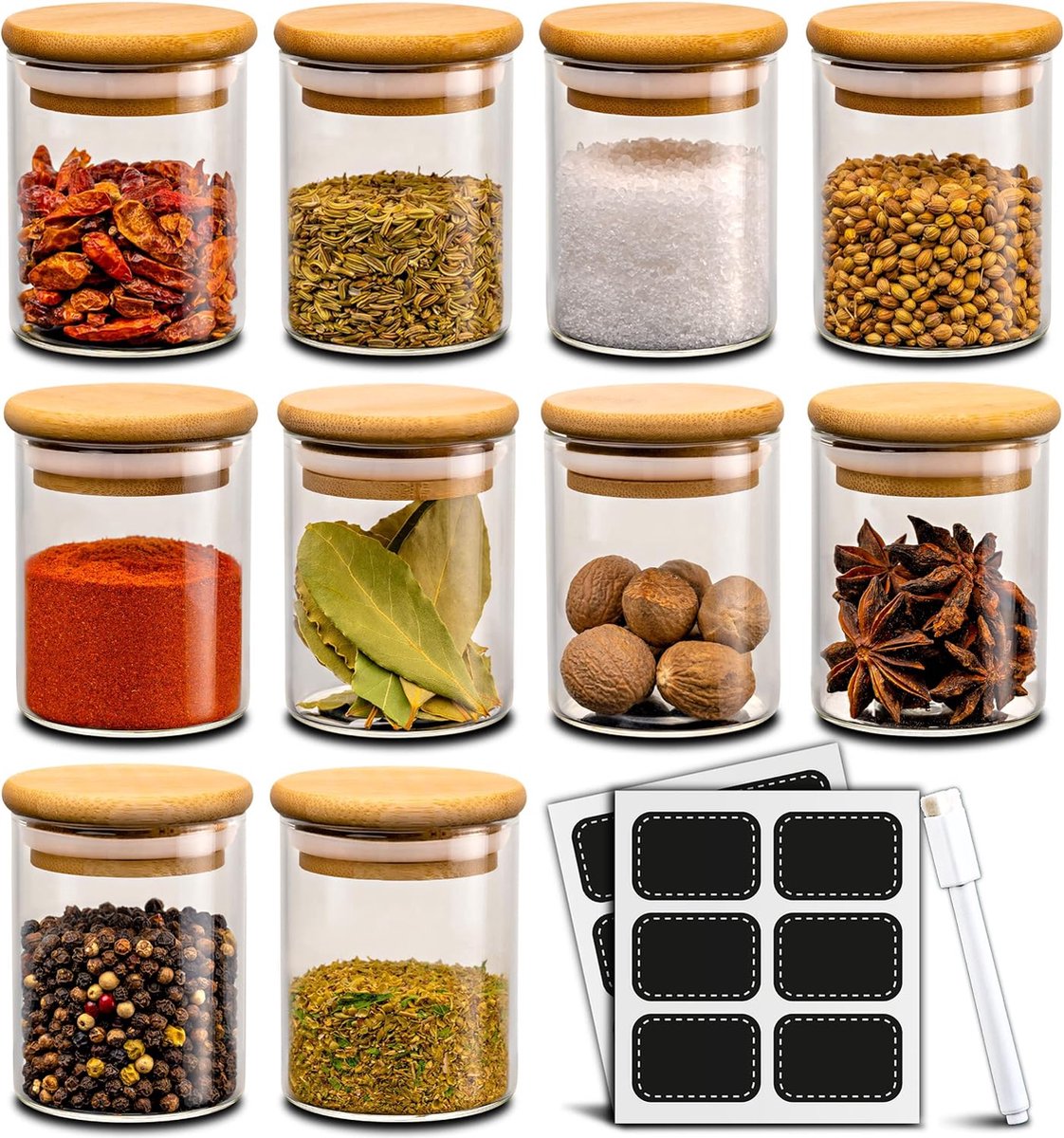 Kruidenpotjes-set van tien glazen potjes met tien etiketten 120 ml luchtdicht vaatwasmachinebestendig