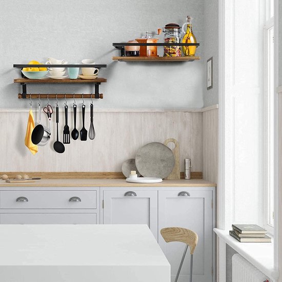 LifeGoods Zwevende Houten Wandplank Set met Handdoekhouder en 8 Haakjes | 2 Stuks | Industrieel | Geschikt voor Keuken, Woonkamer, Slaapkamer, Kinderkamer en als Muurdecoratie | 41cm | Bruin/Zwart
