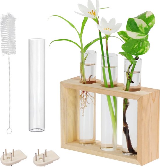 Hangende glazen reageerbuisjes voor bloemen, 4 kleine vazenset (1 vervanging) met houten standaard, reageerbuisjes voor planten, plantenvermeerdering, hydrocultuur en decoratie voor tafel of om op te hangen