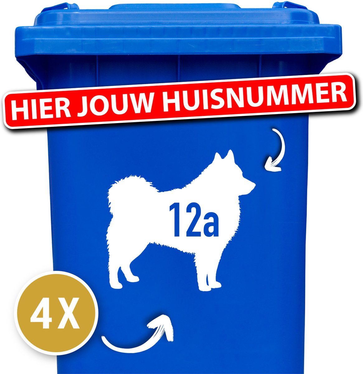 Container sticker - 4 stuks - Schipperke - container sticker huisnummer - wit - vuilnisbak stickers - container sticker hond - 12345678910 - cadeau