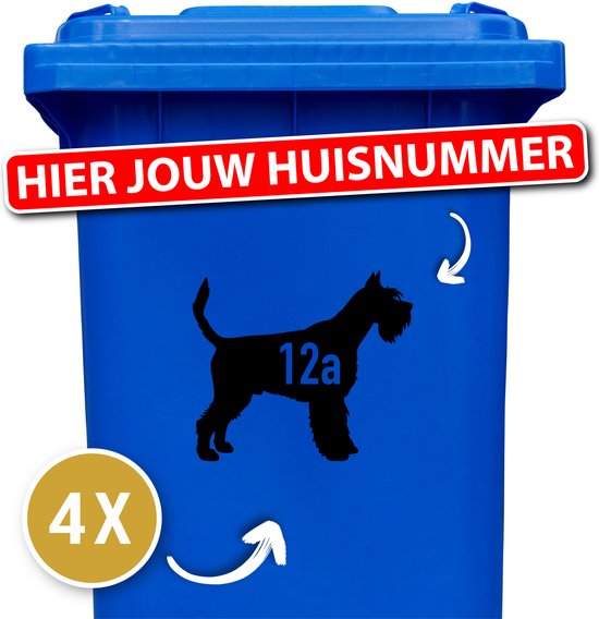 Container sticker - 4 stuks - Schnauzer - container sticker huisnummer - zwart - vuilnisbak stickers - container sticker hond