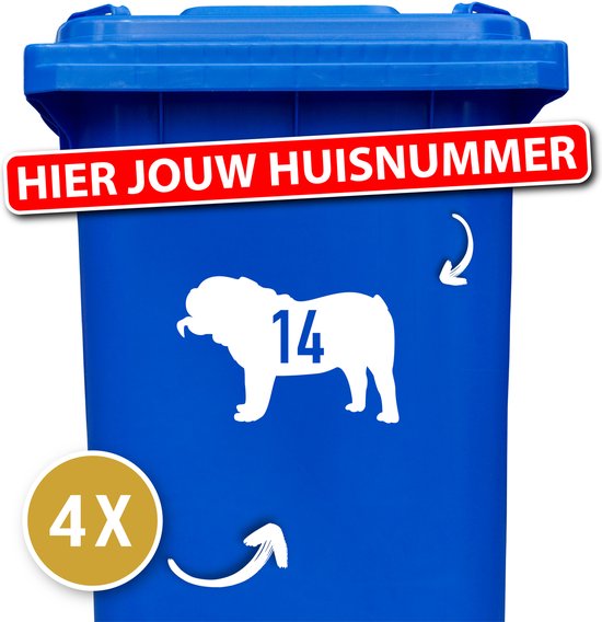 Kliko sticker voordeelset - 4 stuks - Engelse bulldog - container sticker huisnummer - wit - vuilnisbak stickers - container sticker hond - 12345678910 - geschenk