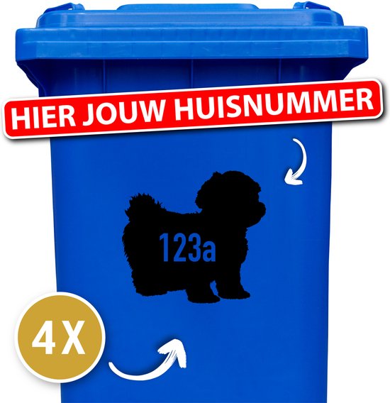 Klikostickers - kliko sticker voordeelset - 4 stuks - Maltezer / Shih tzu - container sticker huisnummer - zwart - container sticker hond