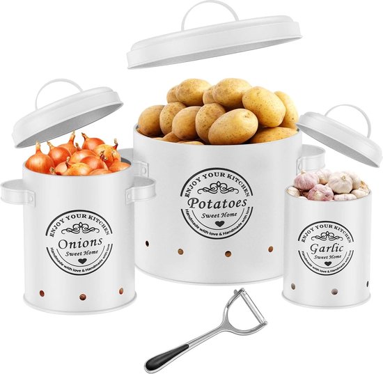 Foto: Keukenorganizer aardappel uien en knoflook opbergdozen set van 3 houdt groenten langer vers met 360 graden luchtcirculatie wit 