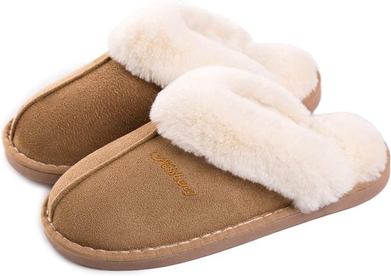 DiverseGoods Dames Sloffen - Warme Winter Slippers van Zacht Nepbont, Pluizige Platte Pantoffels met Antislipzool voor Zowel Binnen als Buiten, Hoge Kwaliteit