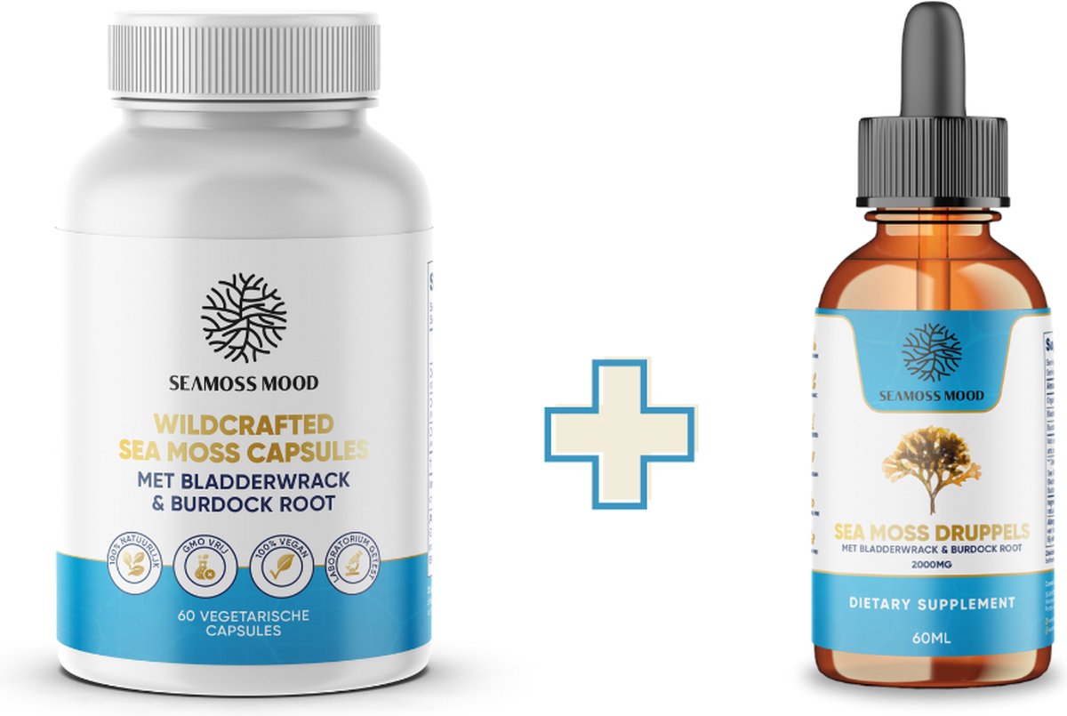 Goedkoopste SeamossMood Irish Sea Moss Duo 100 Natuurlijke Capsules & Ultra-sterke Druppels 3200mg - Verrijkt met Bladderwrack & Burdock Root