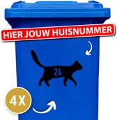 Container Sticker - Kat Lopend met Huisnummer - 25 x 17,5 cm - 4 stuks - Zwart - Container Sticker Kat - Klikostickers