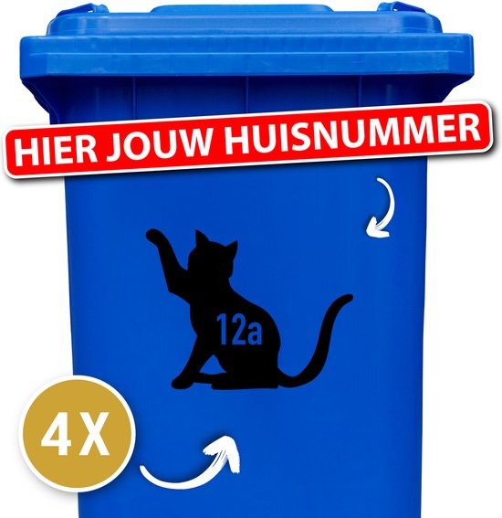 Container Sticker - Kat Speels met Huisnummer - +/- 20 x 20 cm - 4 stuks - Zwart - Container Sticker Kat - Klikostickers