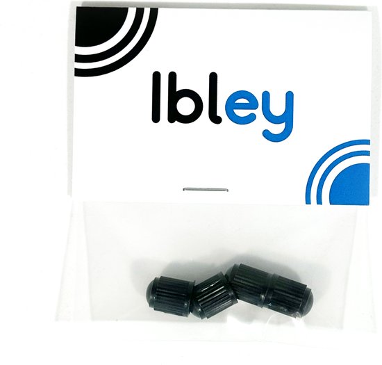 Drie zwarte, geribbelde ventieldoppen in een plastic zakje met Ibley logo.