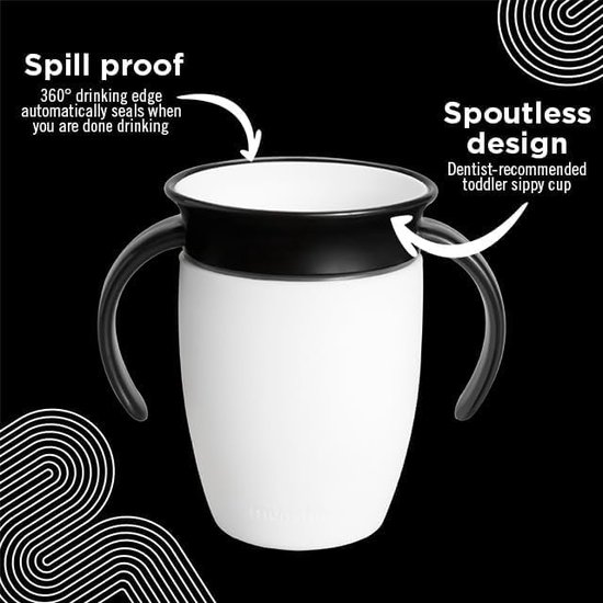 Spill proof, 360° drinkrand sluit automatisch. Tandarts-aanbevolen tuitloze beker.
