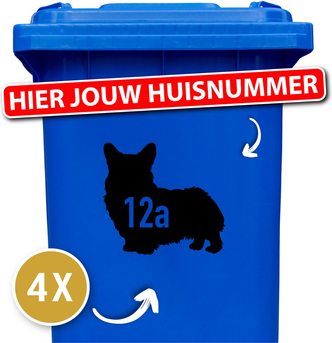 Container sticker - kliko sticker voordeelset - 4 stuks - Corgi 2 - container sticker huisnummer - zwart - vuilnisbak stickers - container sticker hond