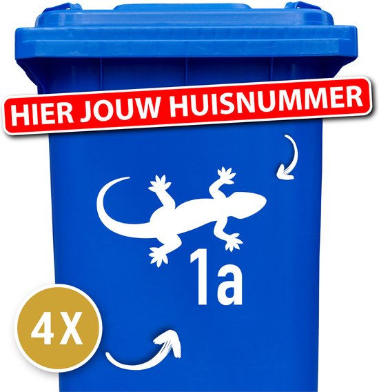 Container sticker - Container Sticker Huisnummer - Variant: Geeko - Kleur: Wit - Aantal: 4 Stuks - Stickers volwassenen - Cijfer stickers - Container stickers - sticker - stickers
