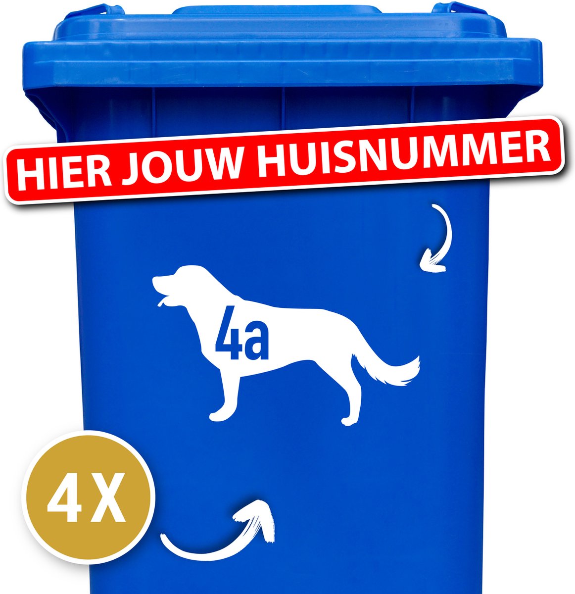 Container sticker - klikostickers - kliko sticker voordeelset - 4 stuks - Labrador - 25 x 15 cm - container sticker huisnummer - wit - vuilnisbak stickers - cadeau
